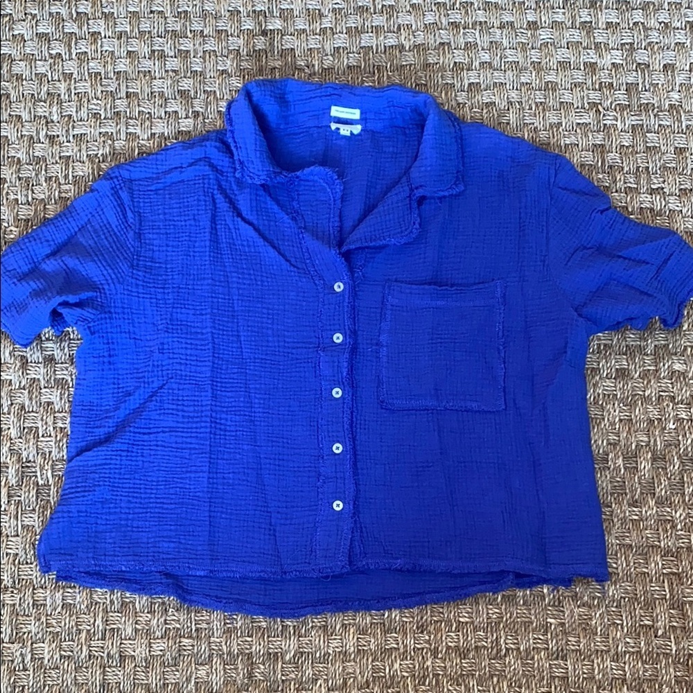 Aerie 100% Cotton Muslin Button-Up Untuckable Crop Short Sleeve Top Sz M